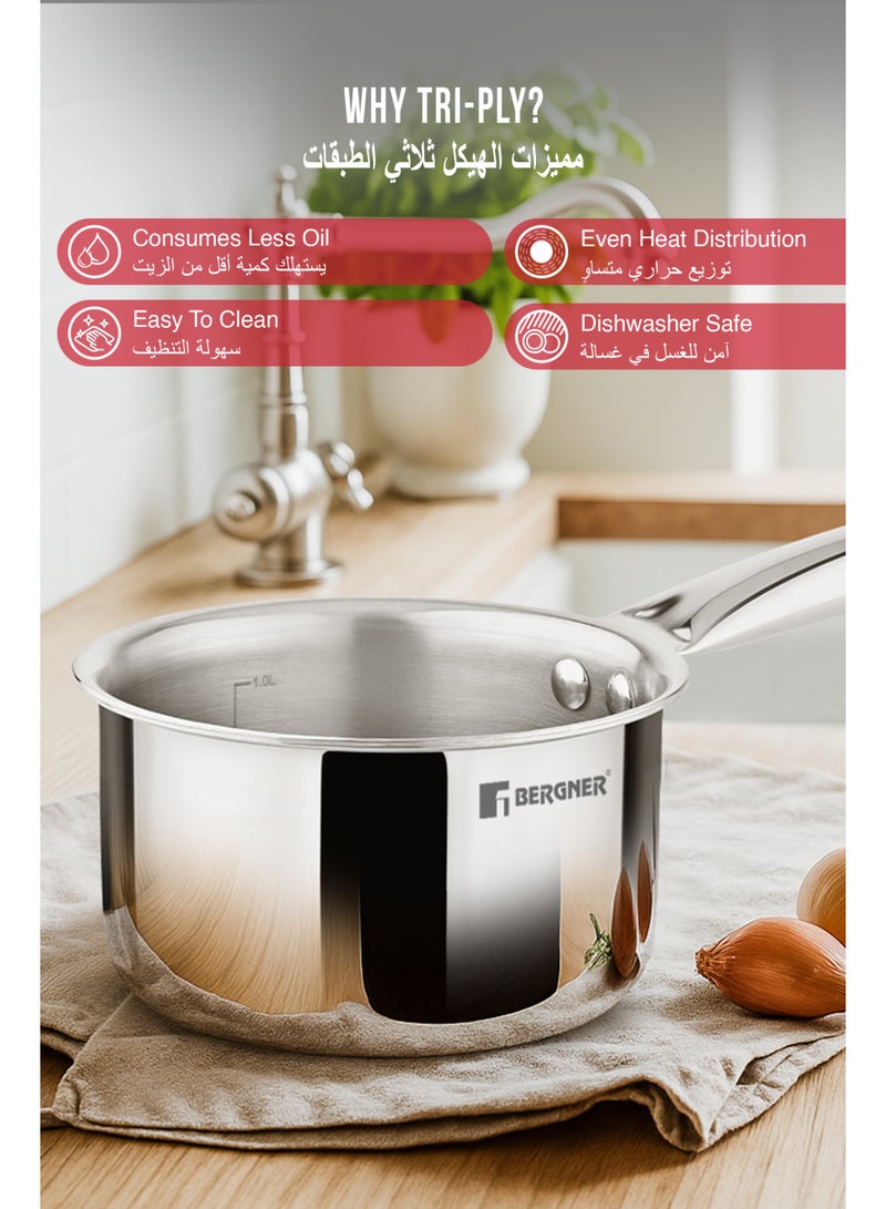 Bergner Tripro 14cm (1.2L) Tri-Ply Stainless Steel Saucepan, Heavy-Bottom Healthy Cooking Pot, Milkpan, Teapan, Even Heating, Improved Grip Handles, Easy to Clean,  Induction & Gas Stove Compatible - Image 4